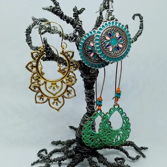 SALE! 3 PAIR EARRINGS, Ethnic SILVERY, BRONZE, PATINATED Blue Bunny BOHO BAUBLES - Picture 2 of 10